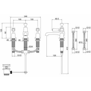 Burlington Kensington 3 Tap Hole Mixer with Pop-up Waste